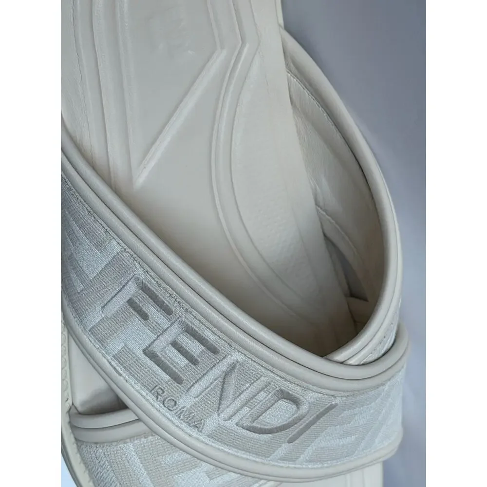 Fendi Men's FF Leather/Fabric Ivory Slide Sandals 8 US/7 UK IT 7X1548 NIB $730